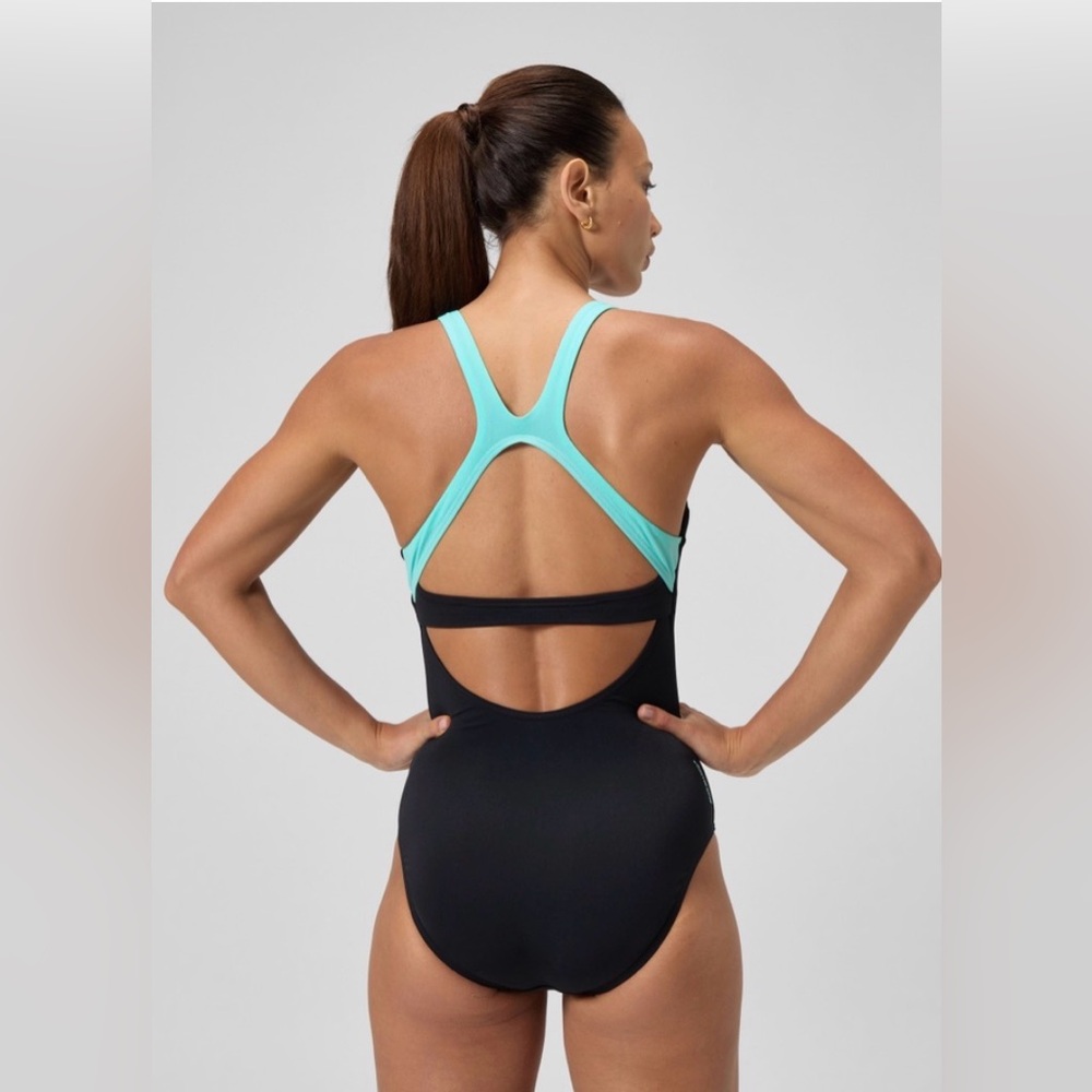 Speedo Women’s Solid Flex Band One-Piece Swimsuit Black/Turquoise Size 10 NEW